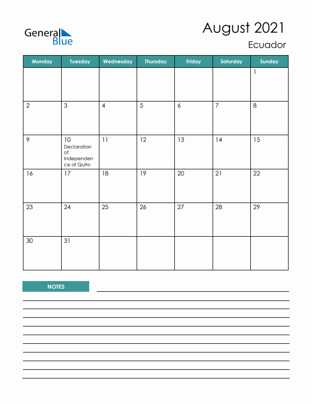 Calendar with Notes Printable - Monday Start