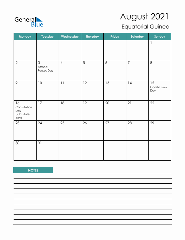 Calendar with Notes Printable - Monday Start