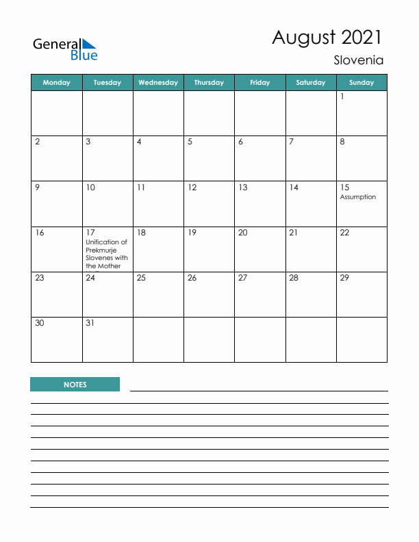 Calendar with Notes Printable - Monday Start