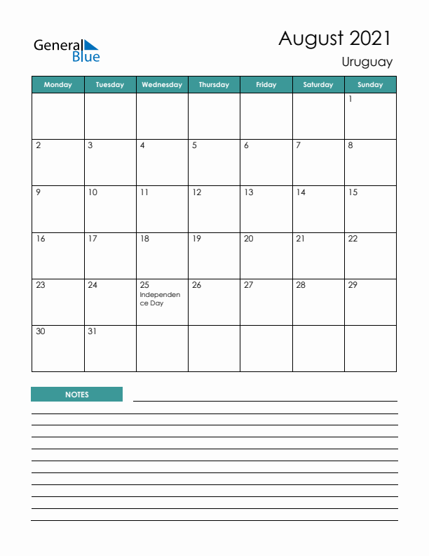 Calendar with Notes Printable - Monday Start