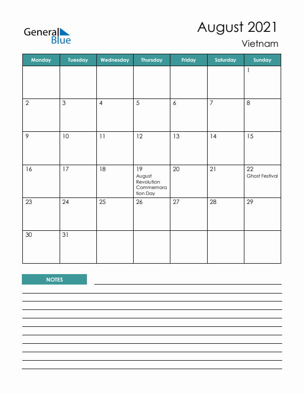 Calendar with Notes Printable - Monday Start