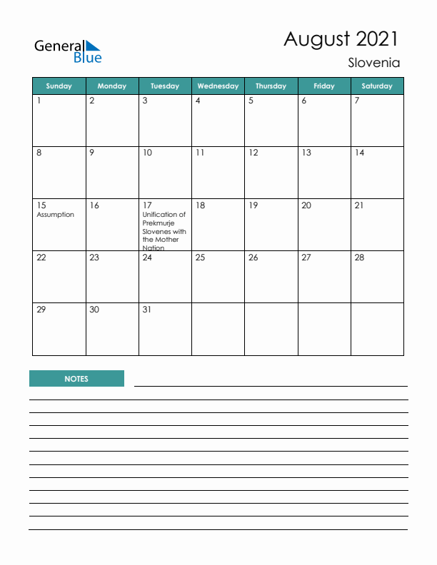 Calendar with Notes Printable - Sunday Start