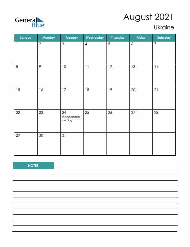 Calendar with Notes Printable - Sunday Start