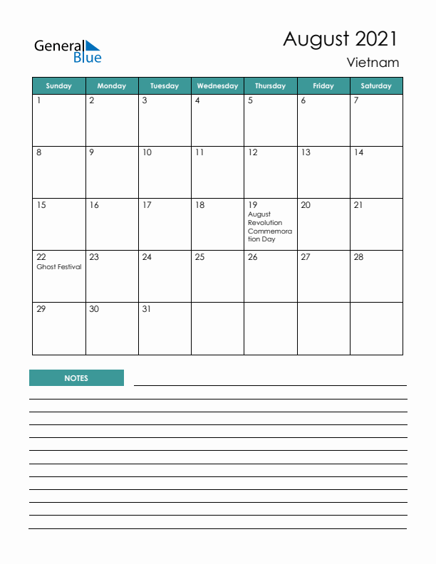 Calendar with Notes Printable - Sunday Start