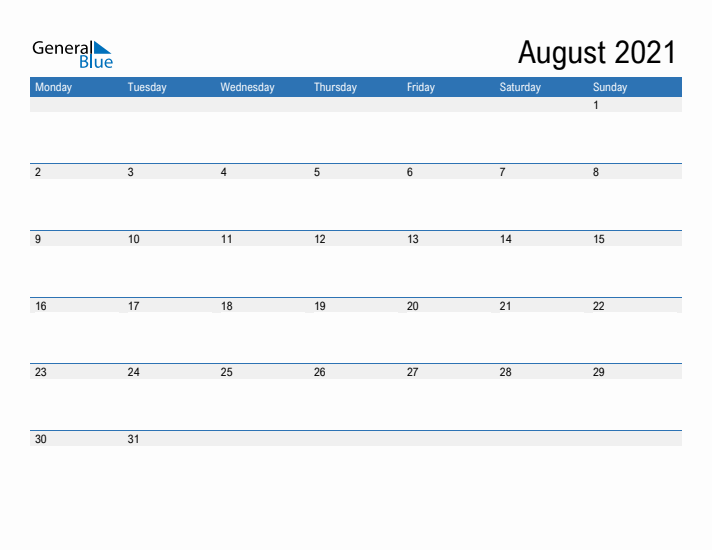 Fillable Calendar for August 2021