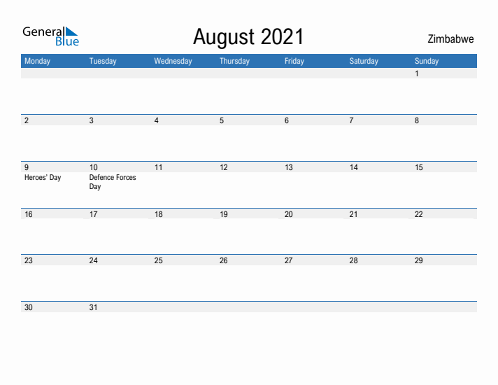 Fillable August 2021 Calendar