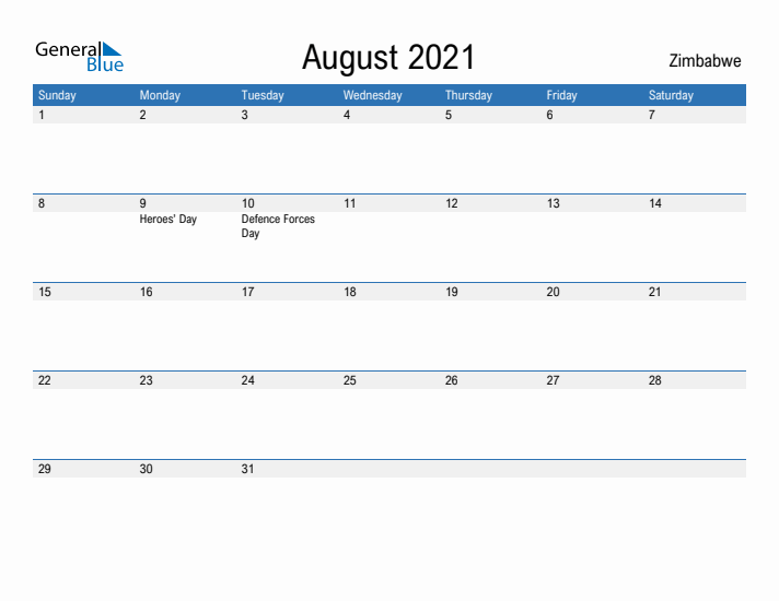 Fillable August 2021 Calendar