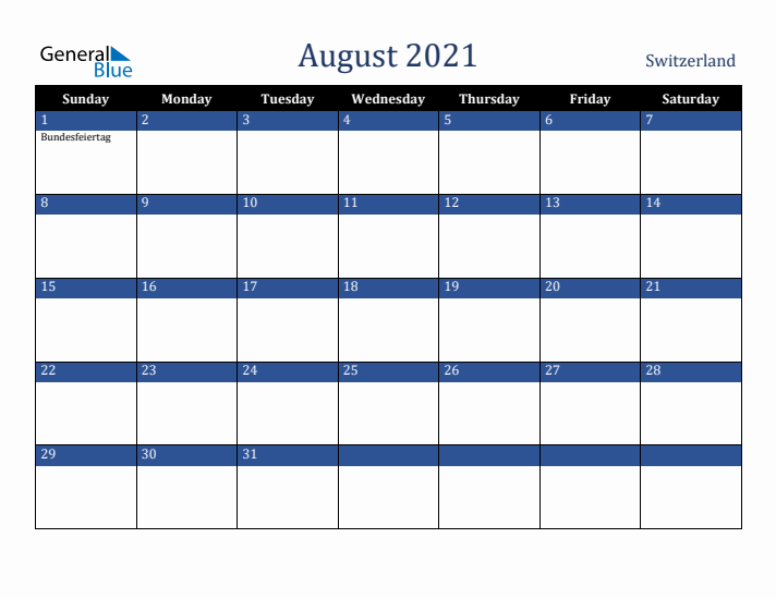 August 2021 Switzerland Calendar (Sunday Start)