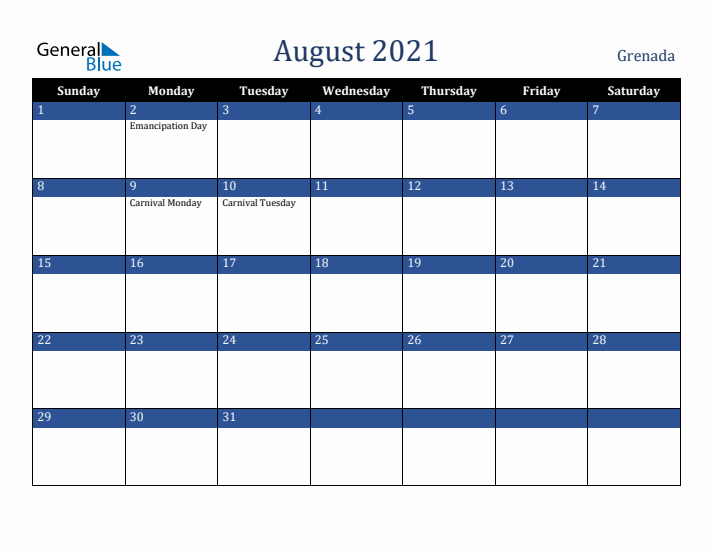 August 2021 Grenada Calendar (Sunday Start)