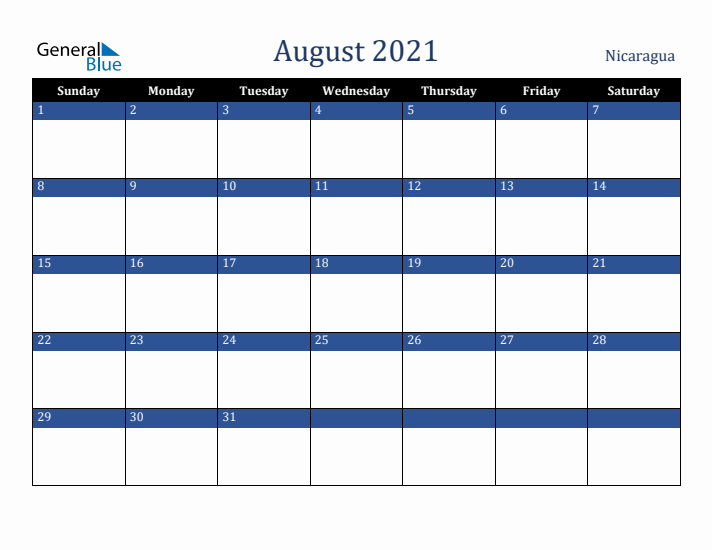 August 2021 Nicaragua Calendar (Sunday Start)