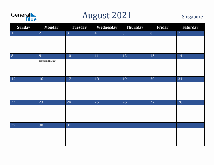 August 2021 Singapore Calendar (Sunday Start)