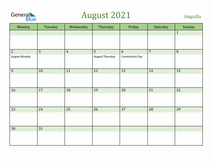 August 2021 Calendar with Anguilla Holidays