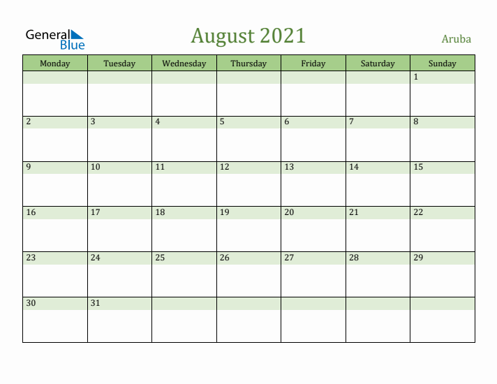 August 2021 Calendar with Aruba Holidays