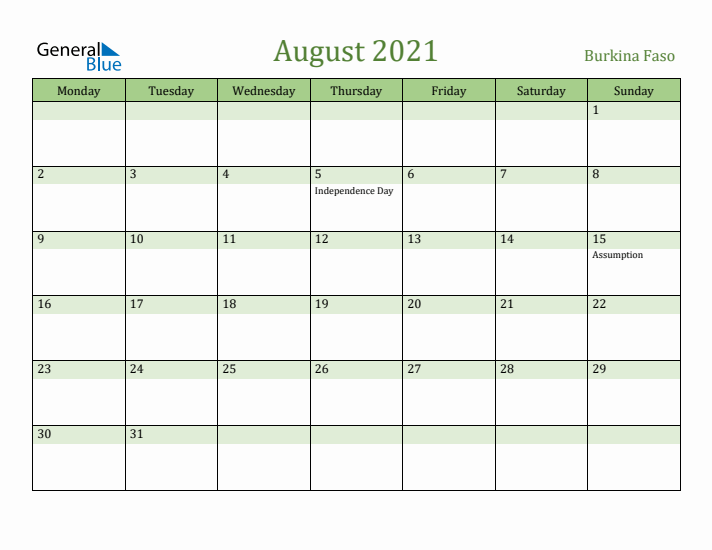 August 2021 Calendar with Burkina Faso Holidays