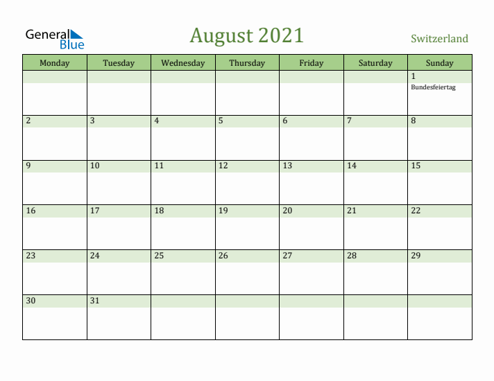 August 2021 Calendar with Switzerland Holidays