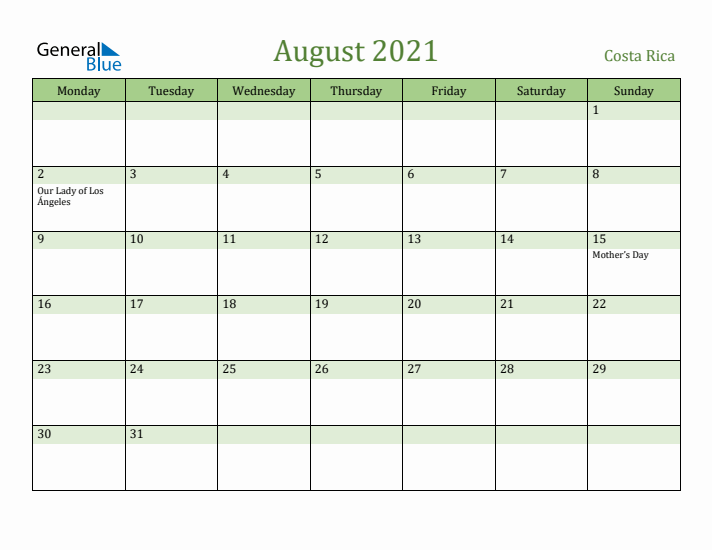 August 2021 Calendar with Costa Rica Holidays