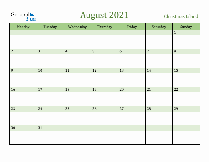 August 2021 Calendar with Christmas Island Holidays