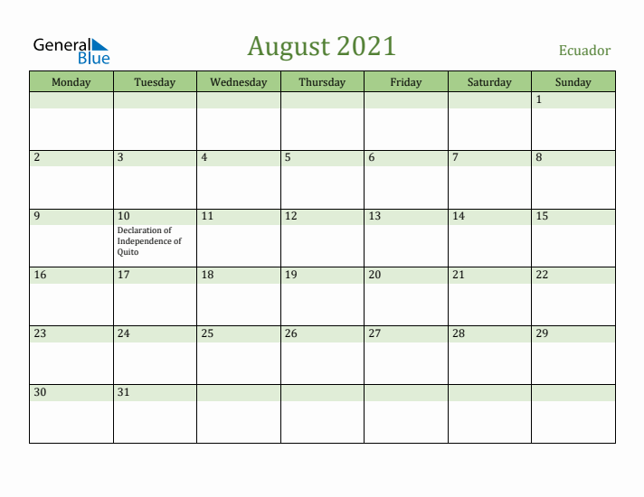 August 2021 Calendar with Ecuador Holidays