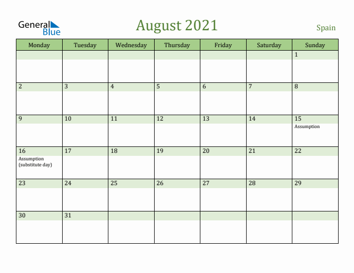 August 2021 Calendar with Spain Holidays