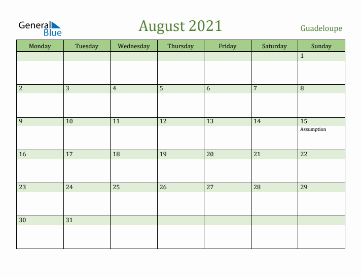 August 2021 Calendar with Guadeloupe Holidays