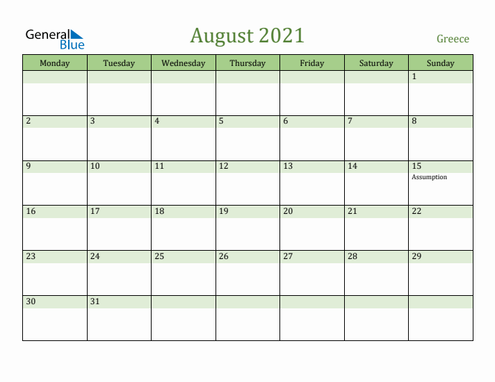 August 2021 Calendar with Greece Holidays