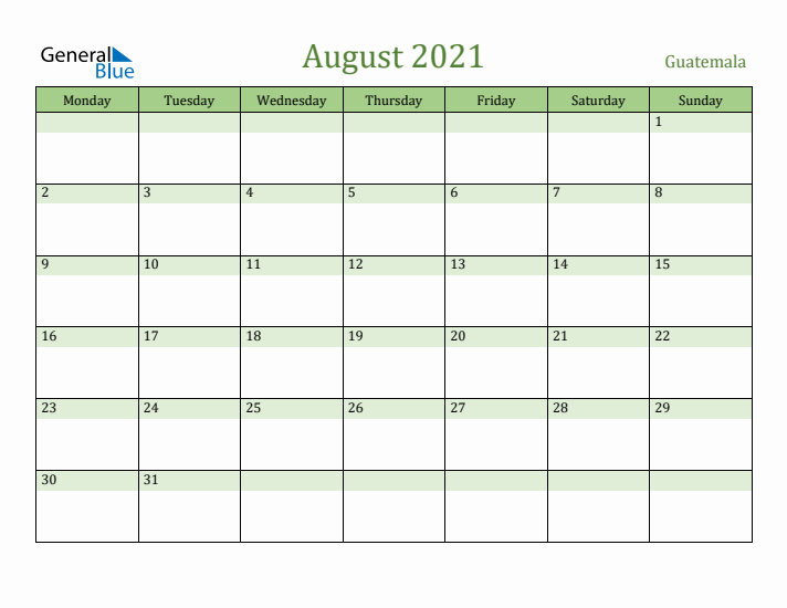 August 2021 Calendar with Guatemala Holidays