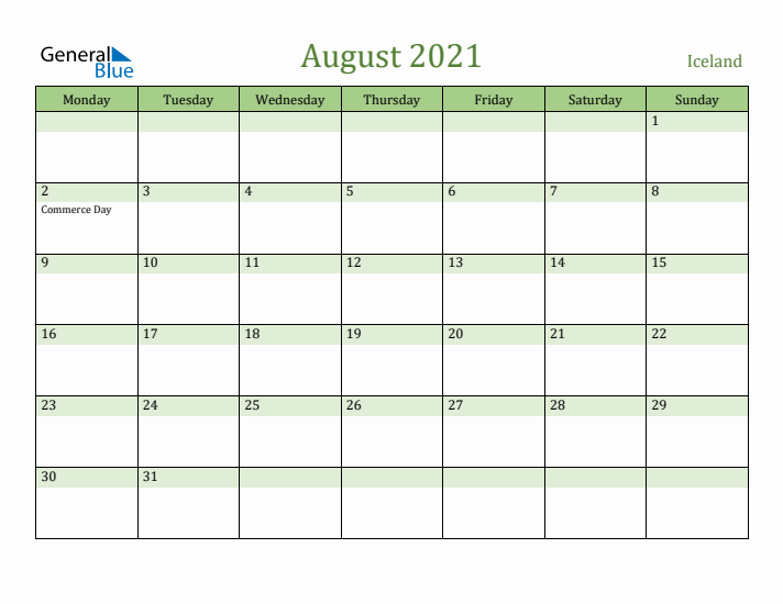 August 2021 Calendar with Iceland Holidays