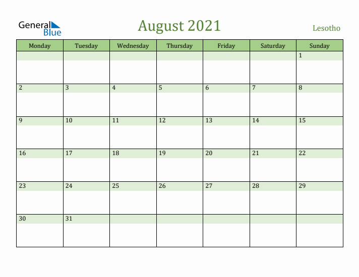 August 2021 Calendar with Lesotho Holidays