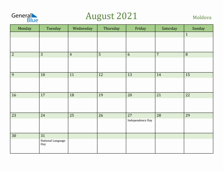 August 2021 Calendar with Moldova Holidays