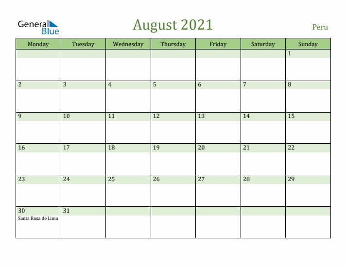 August 2021 Calendar with Peru Holidays