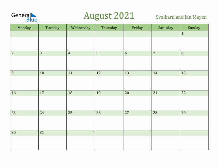 August 2021 Calendar with Svalbard and Jan Mayen Holidays