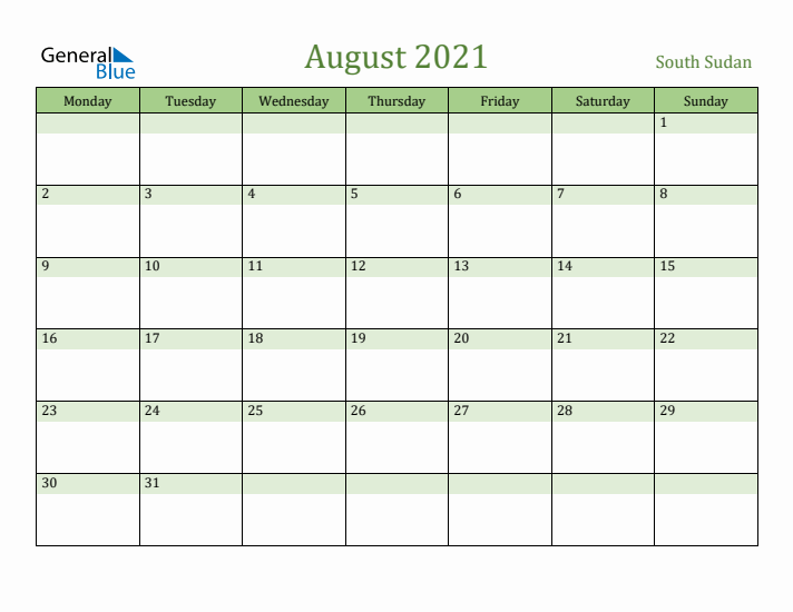 August 2021 Calendar with South Sudan Holidays