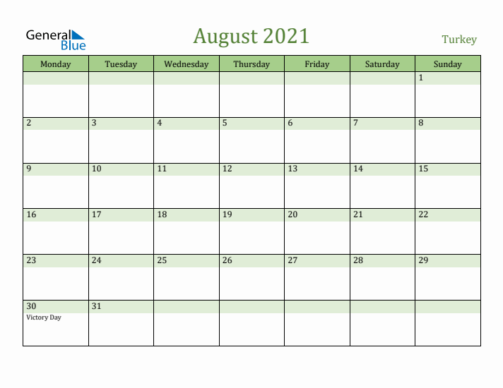 August 2021 Calendar with Turkey Holidays