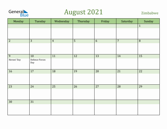 August 2021 Calendar with Zimbabwe Holidays