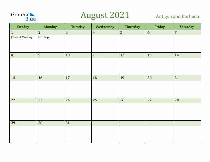 August 2021 Calendar with Antigua and Barbuda Holidays