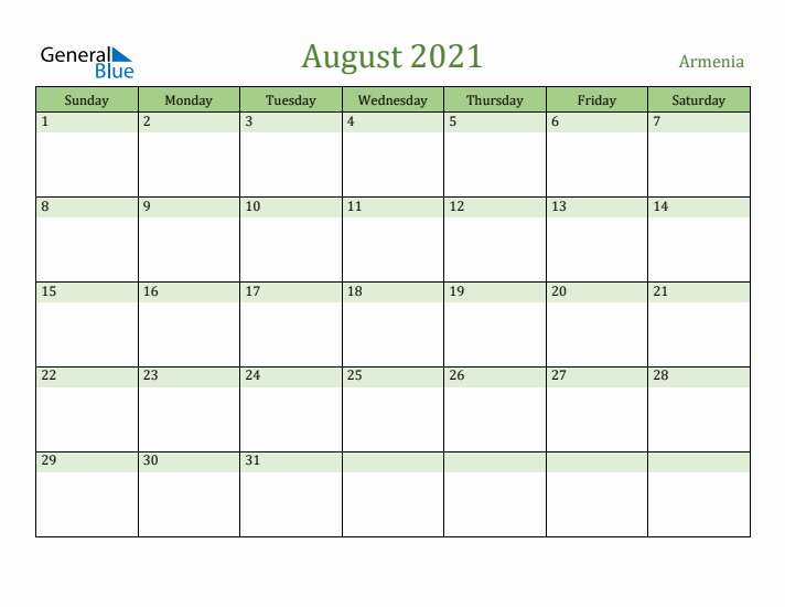 August 2021 Calendar with Armenia Holidays