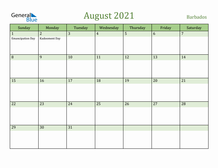 August 2021 Calendar with Barbados Holidays