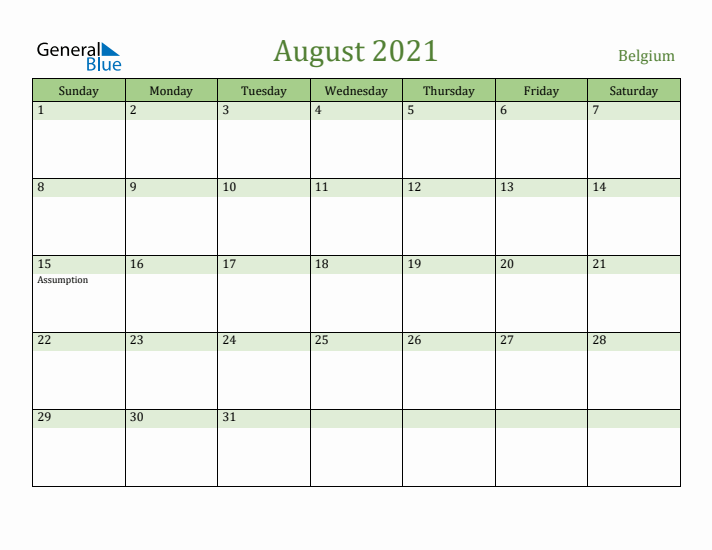 August 2021 Calendar with Belgium Holidays