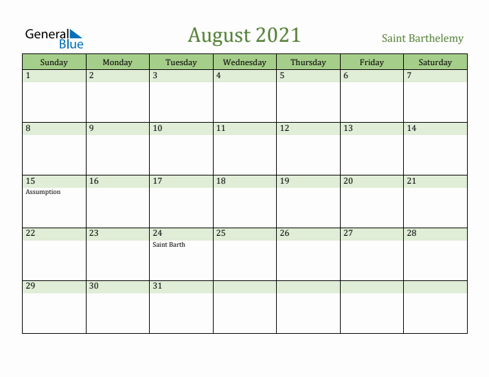 August 2021 Calendar with Saint Barthelemy Holidays