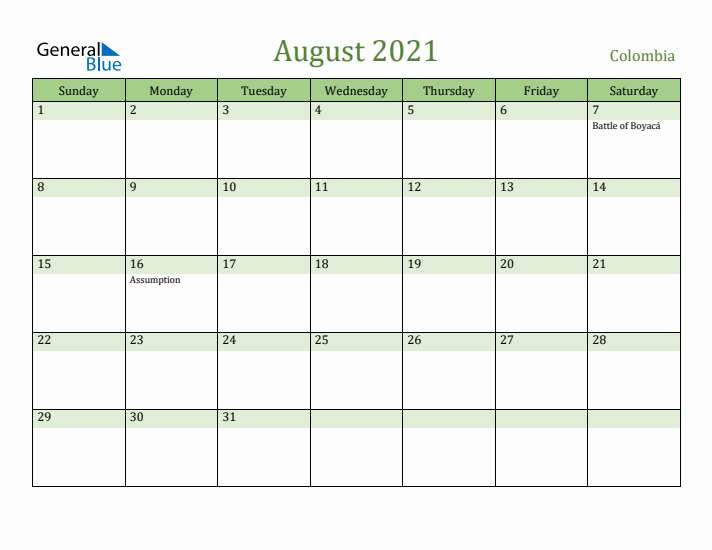 August 2021 Calendar with Colombia Holidays