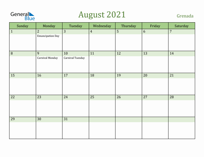 August 2021 Calendar with Grenada Holidays