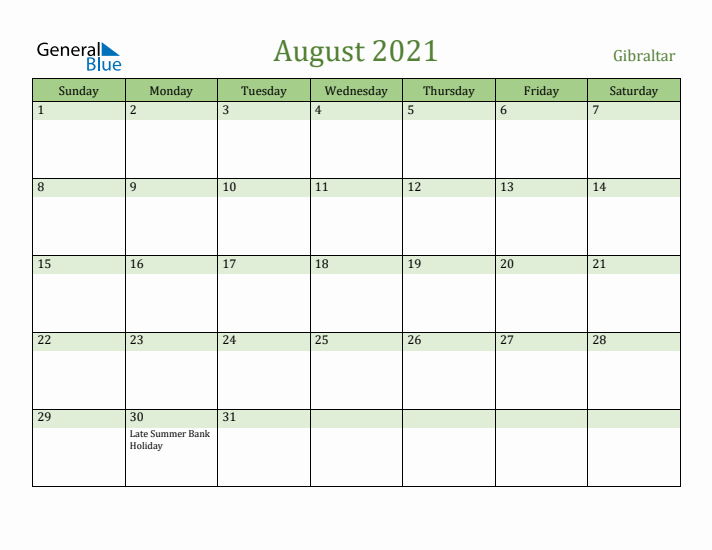 August 2021 Calendar with Gibraltar Holidays