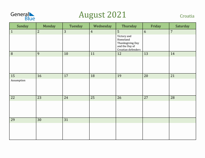 August 2021 Calendar with Croatia Holidays