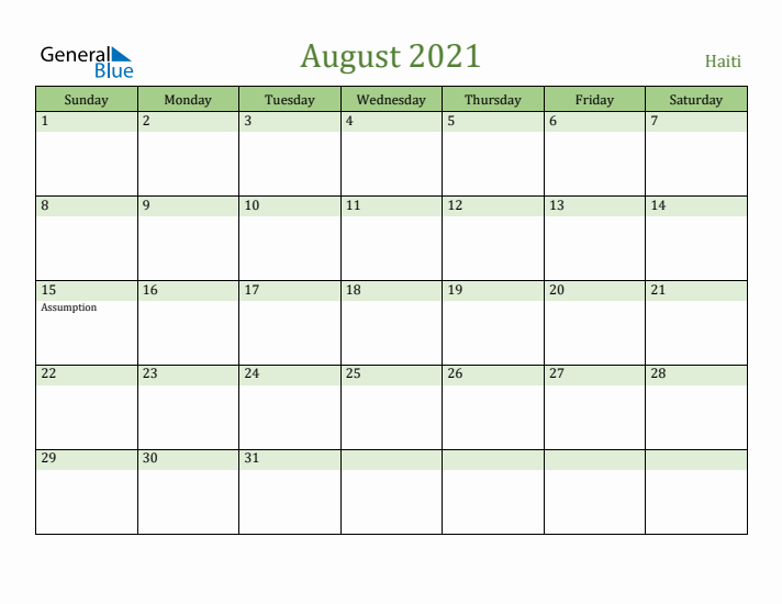 August 2021 Calendar with Haiti Holidays