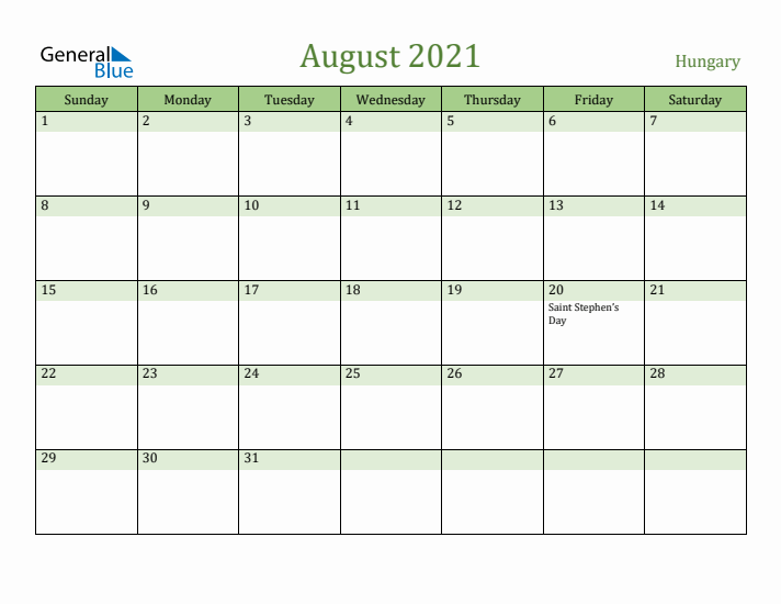 August 2021 Calendar with Hungary Holidays