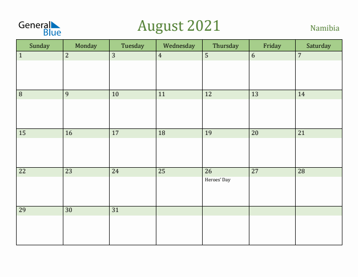 August 2021 Calendar with Namibia Holidays