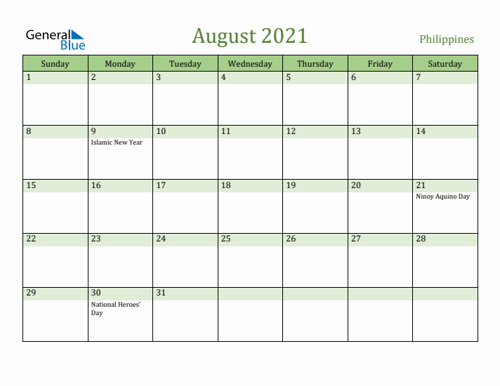 August 2021 Calendar with Philippines Holidays