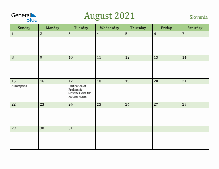 August 2021 Calendar with Slovenia Holidays