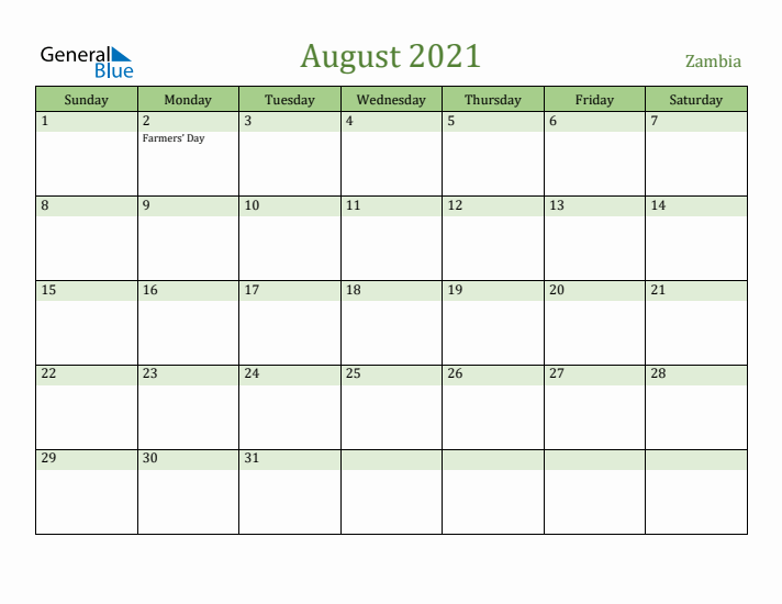 August 2021 Calendar with Zambia Holidays