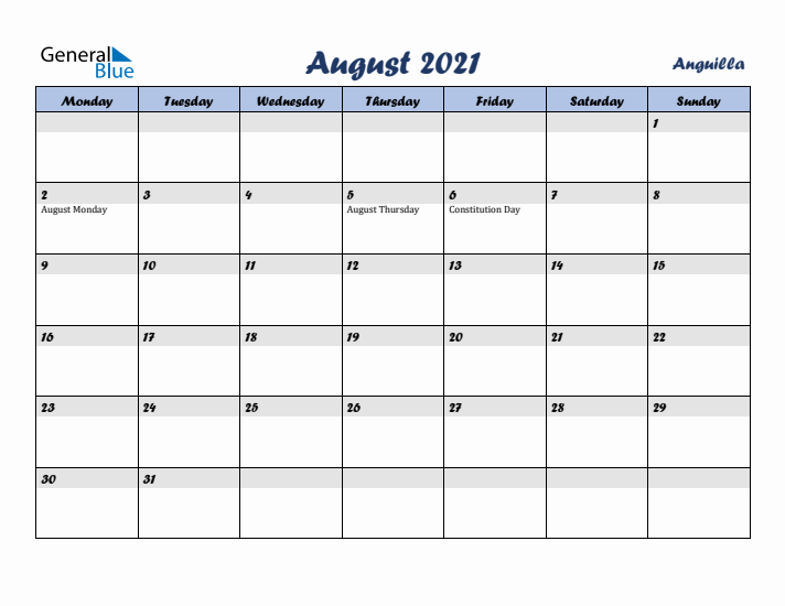 August 2021 Calendar with Holidays in Anguilla